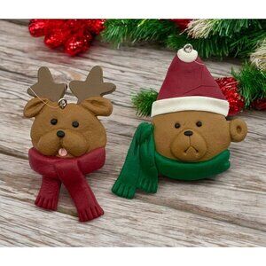 Vintage Teddy Bear Face Christmas Tree Ornaments Santa Hat & Reindeer Antlers